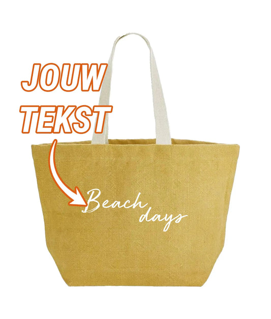 Jute Strandtas met tekst de Bedrukwinkel