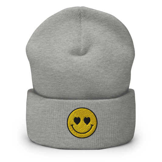 Beanie geborduurd met hartjesogen smiley - de Bedrukwinkel